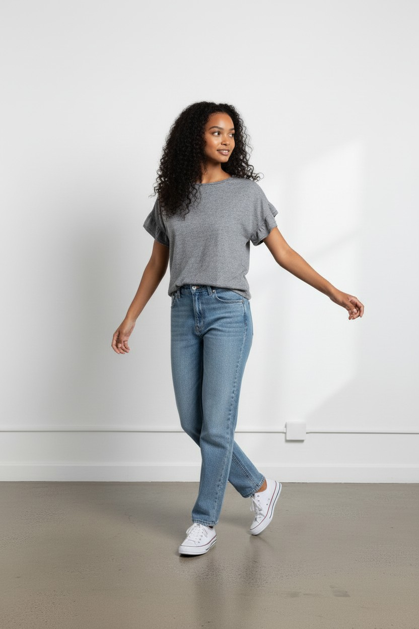 T-shirt crop gris chiné - Manches volantées