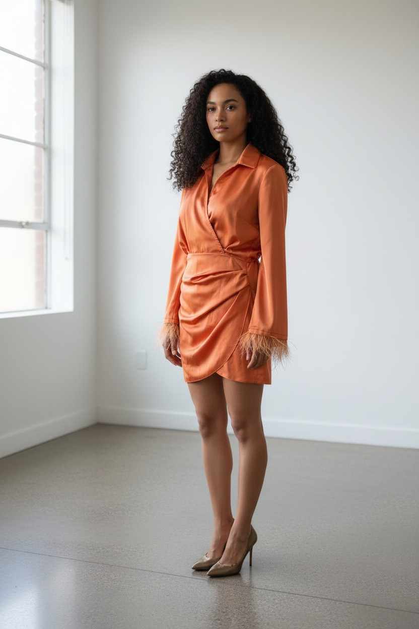 Robe mini portefeuille satinée - Détails plumes – Eight Paris