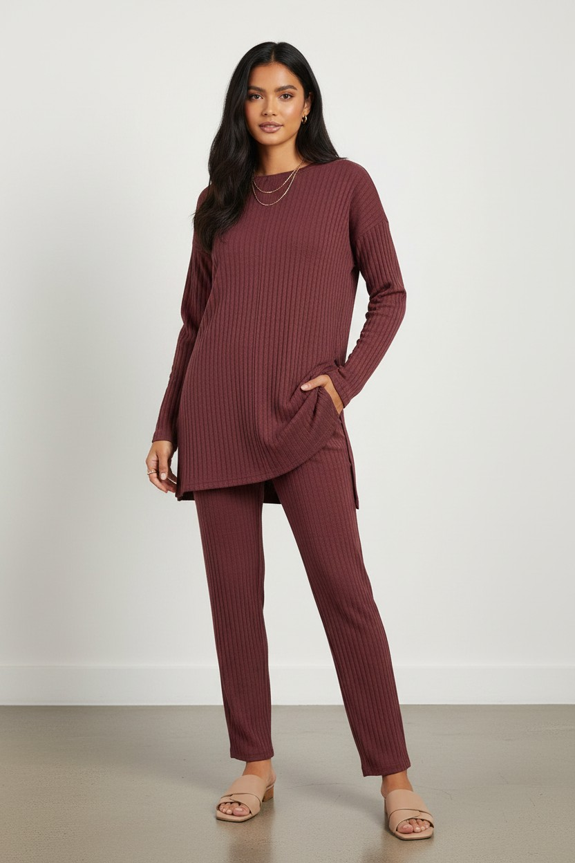 Ensemble loungewear en maille côtelée – Confort & Élégance