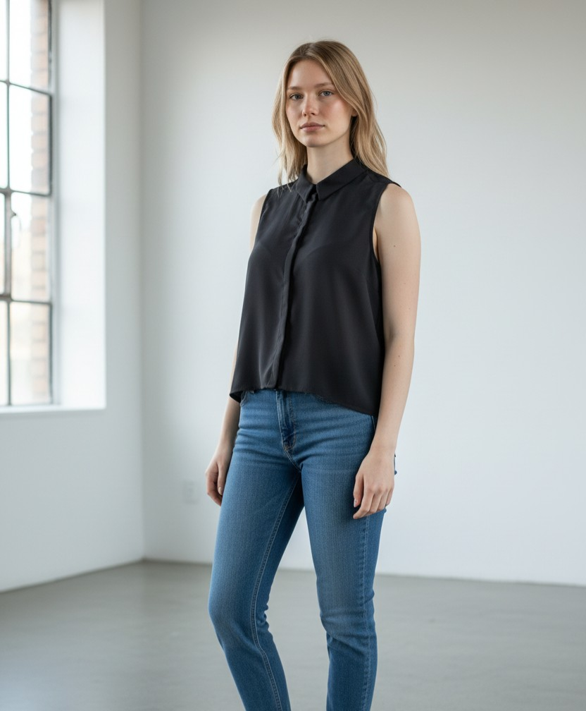 Chemise courte sans manches à col classique - Noir intemporel - New Collection