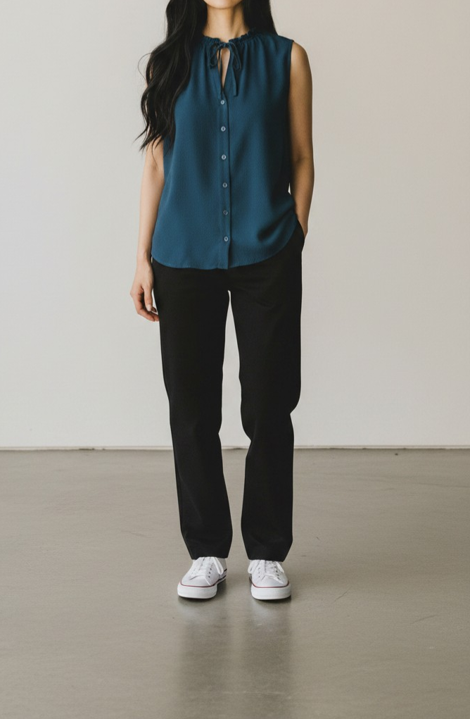 Blouse sans manches à col noué – Bleu pétrole - Kiabi