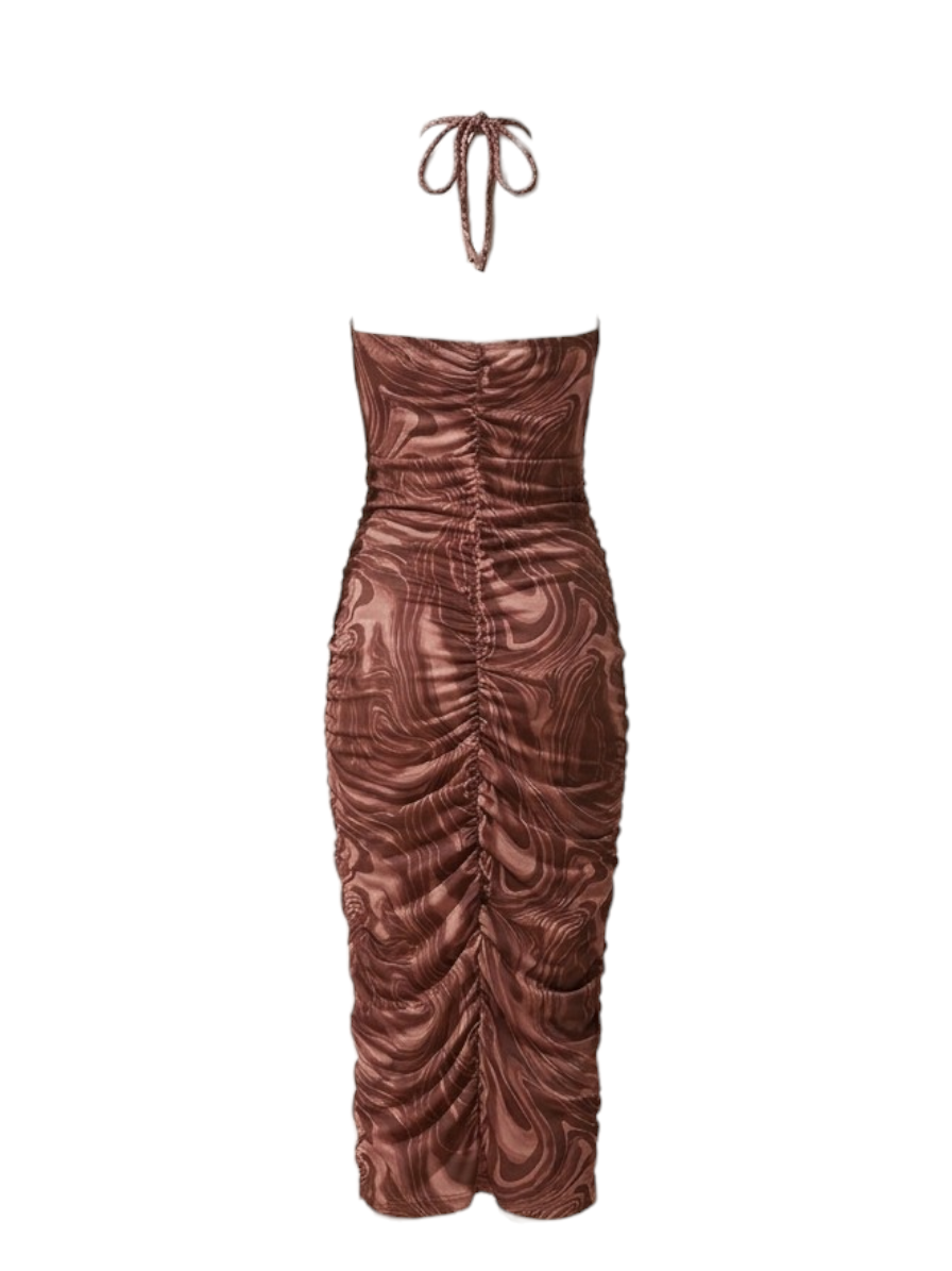Robe longue froncée à imprimé marbré – Chocolat & Taupe