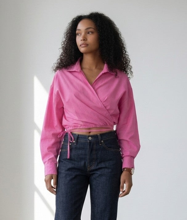 Blouse cache-cœur à nouer – Rose éclatant - Amy & Clo