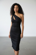 Robe midi noire à épaule unique – Élégance sculptante - My Queen