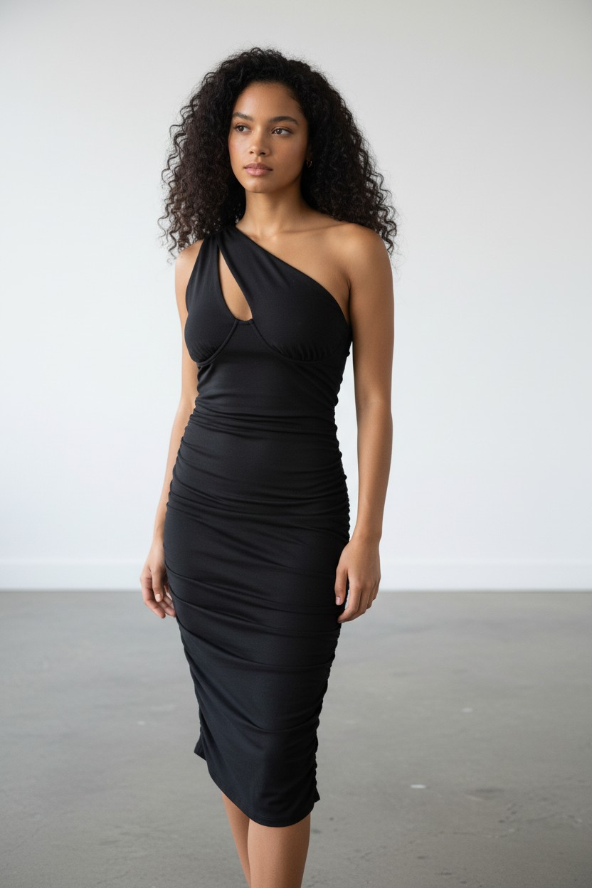 Robe midi noire à épaule unique – Élégance sculptante - My Queen