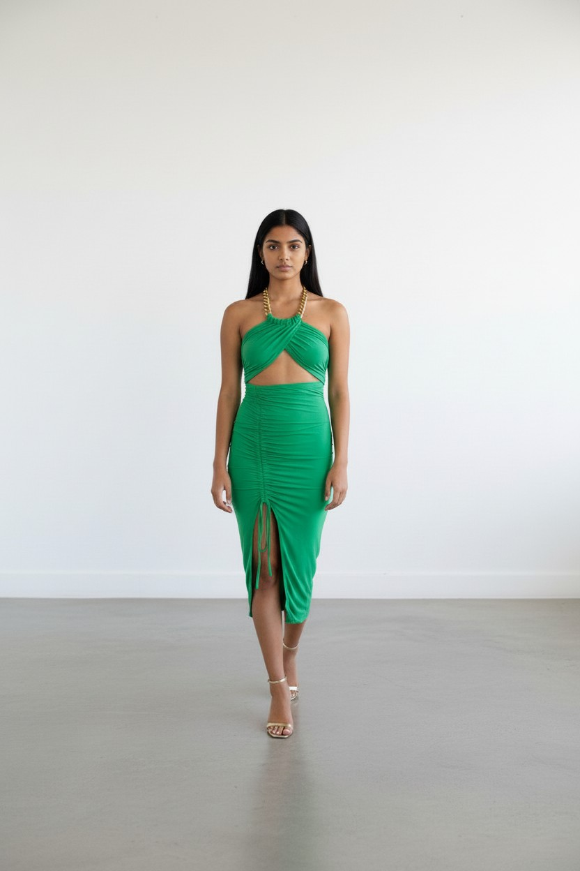 Robe de soirée midi à découpe et fronces ajustables