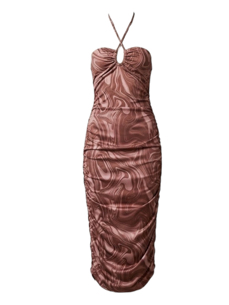 Robe longue froncée à imprimé marbré – Chocolat & Taupe