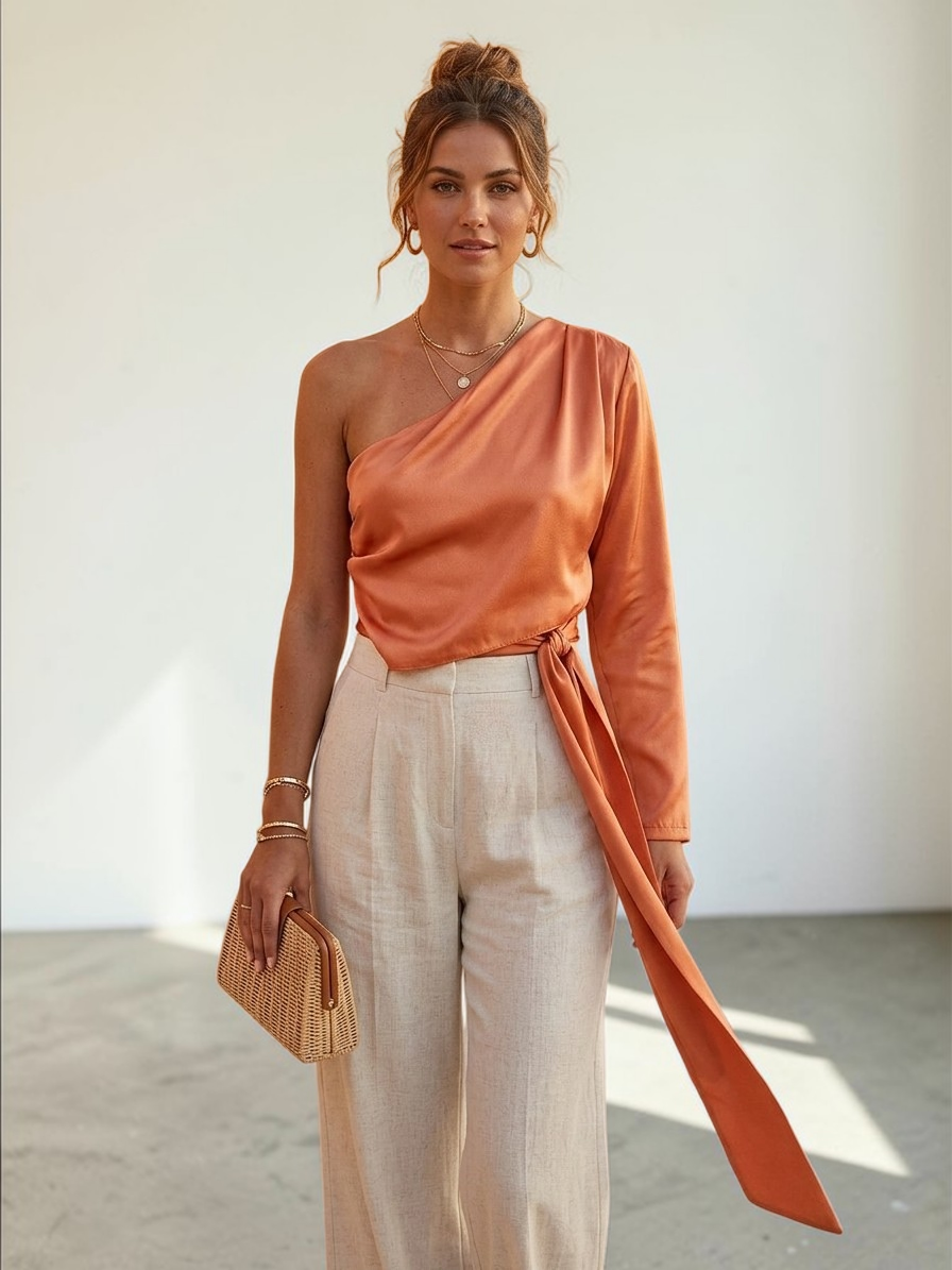 Haut one-shoulder au drapé soyeux – Éclat ambré - My Bel